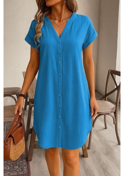 Kadın Kısa Kollu Önden Düğmeli Ithal Keten Elbise indirimleri