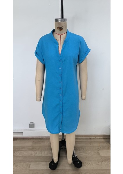 Kadın Kısa Kollu Önden Düğmeli Ithal Keten Elbise