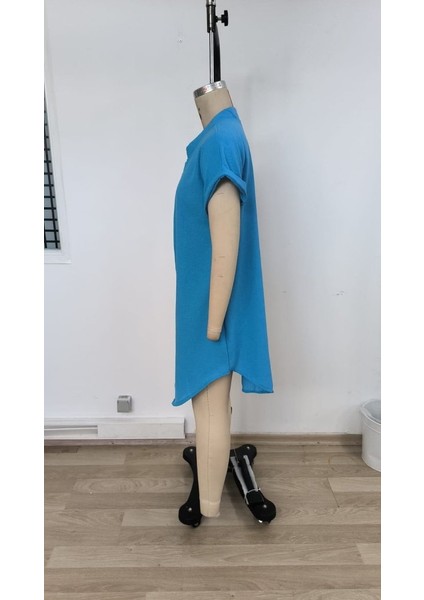 Kadın Kısa Kollu Önden Düğmeli Ithal Keten Elbise