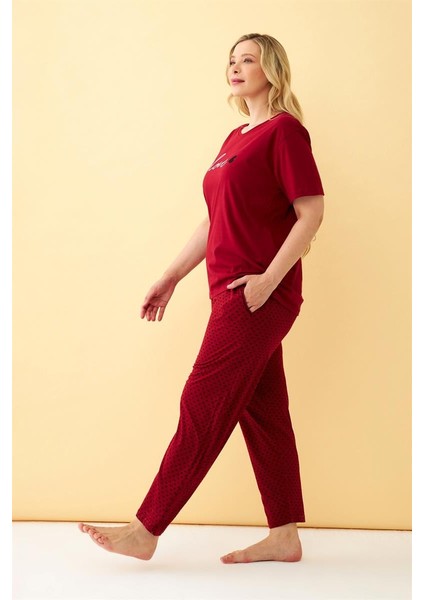 Modaserdem Akbeniz Kadın Bordo Love Yazılı Büyük Beden Pijama Takımı fırsatları
