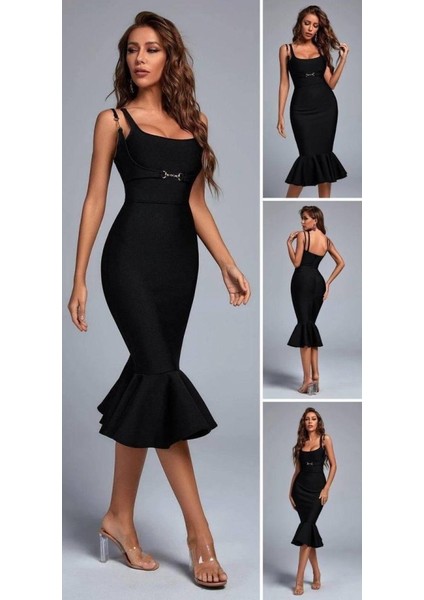 Kadın Omuz Askılı Sırt Dekolteli Interlok Kumaş Midi Kalem Elbise fiyatları