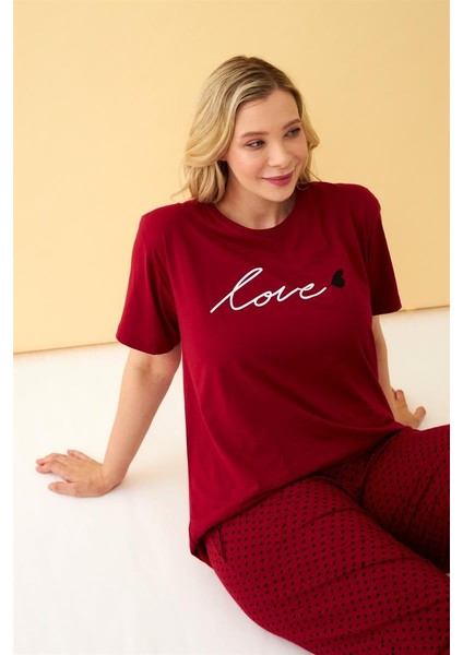 Akbeniz Kadın Bordo Love Yazılı Büyük Beden Pijama Takımı modelleri