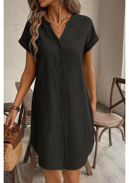 Kadın Kısa Kollu Önden Düğmeli Ithal Keten Elbise modelleri