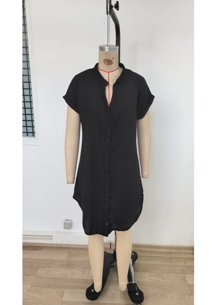 Kadın Kısa Kollu Önden Düğmeli Ithal Keten Elbise