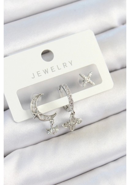 Pirinç Zirkon Taşlı Çiçek ve Ay Model Gümüş Renk 3'lü Çift Kadın Küpe Set