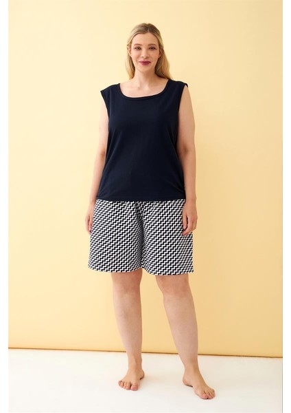 Akbeniz Kadın Lacivert Geometrik Desenli Şortlu Büyük Beden Pijama Takımı