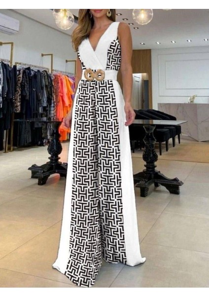 Kadın Göğüs Dekolteli Toka Detay Dijital Baskılı Tulum