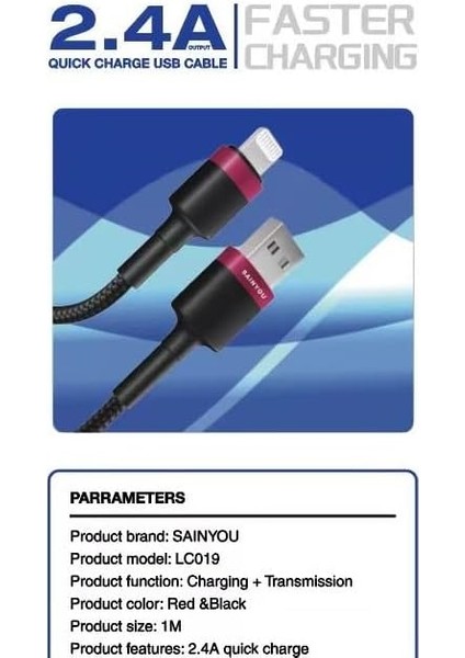 Lightning Ios USB 2.4 A Fast Charging Hizli Şarj ve Data Kablosu Hasir Aaa+ Kalite Iphone ile Uyumlu LC019 Ios fiyatları