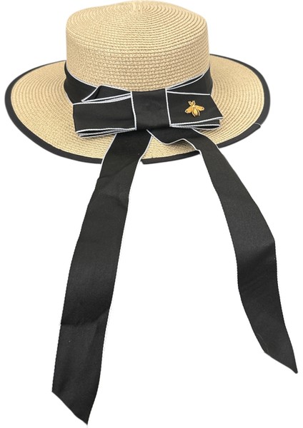 Kadın Arı Detaylı Siyah Fiyonklu Hasır Şapka