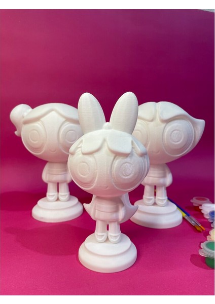 Powerpuff Girls – 3’lü Boyama Seti (Blossom, Bubbles, Buttercup) 10 cm | 6 Renk Akrilik Boya 2 Fırça