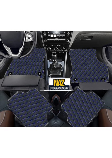 Peugeot 3008 2017 - 2023 Uyumlu Mavi Dikişli Siyah Deri Paspas