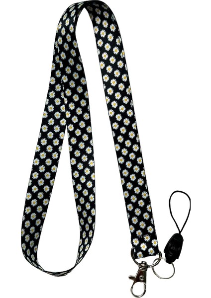 Siyah Papatya Boyun Ipi Telefon Askısı Lanyard