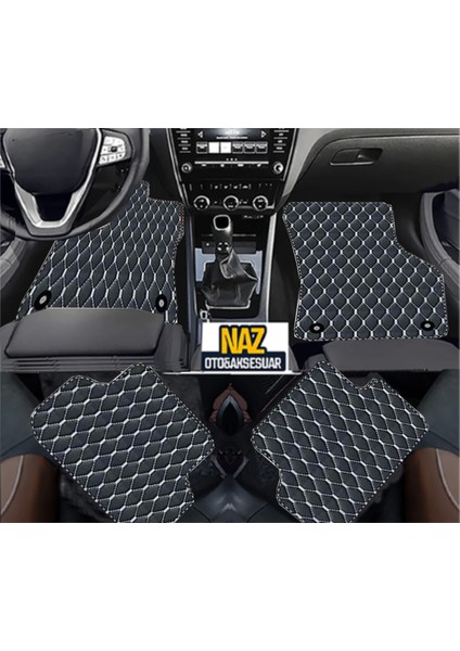 Peugeot 5008 2017+ Uyumlu Beyaz Dikişli Siyah Deri Paspas