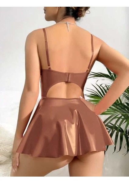 Aria's Closet Kahverengi Parlak Lame Fantezi Deri Elbise
