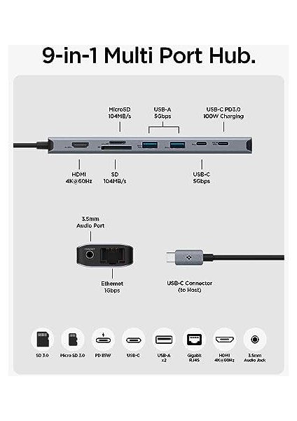 Arcdock 85W Güç Adaptörü 9in1 Usb-C Multi Hub / Çoklayıcı 9 Port / 4K 60hz / Ethernet 1gbps / Macbook PD2306 Space Gray - ACA06388