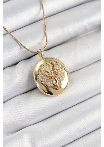 316L Çelik Zincir Açılabilir Anka Kuşu Model Zirkon Taşlı Gold Renk Kadın Kolye