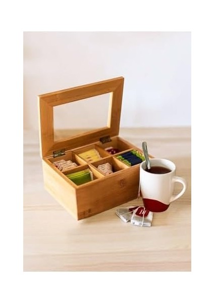 Bambu 6 Bölmeli Çay Kutusu -%100 Orjinal Bambu Mıknatıslı Kapak 21X16,5 X7CM modelleri
