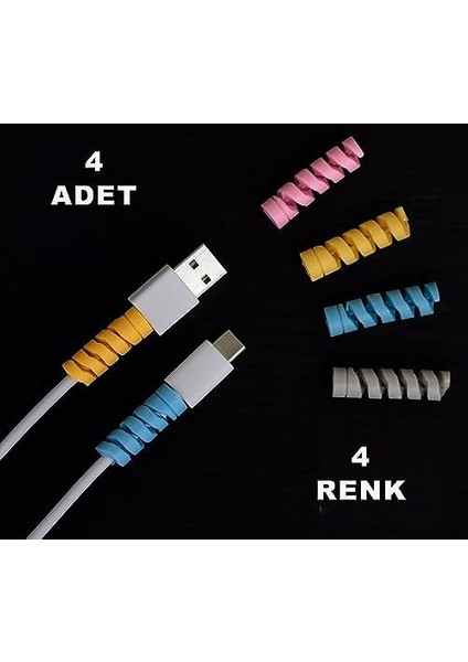 Trend 4 Adet Spiral Esnek Silikon Kablo Koruyucu Iphone - Micro USB ve Type-C ve Diğer Tüm Kablolar Için Uygun Kablo Koruyucu 4 Farklı Renk