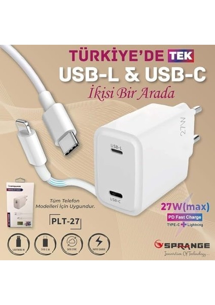 Type-C Lightning Çıkışlı Pd 27W 3.0 Hızlı Şarj Kablosu T-Turbo - Beyaz 100CM Plt-27