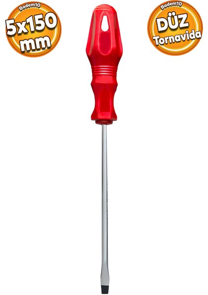 Kırmızı Plastik Saplı Düz Tornavida 5X150 Mm, Dayanıklı ve Ergonomik Tasarım