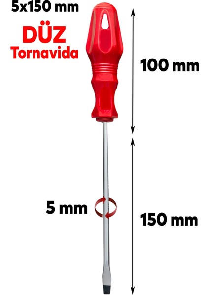 Kırmızı Plastik Saplı Düz Tornavida 5X150 Mm, Dayanıklı ve Ergonomik Tasarım fiyatları