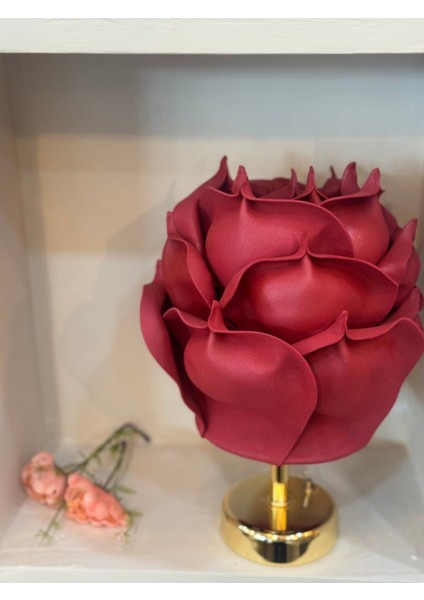 Şık Eva Gül Tasarımlı Kablosuz Masa Lambası, Alt Parlak Gold Renkli