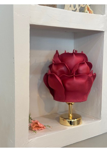 Şık Eva Gül Tasarımlı Kablosuz Masa Lambası, Alt Parlak Gold Renkli