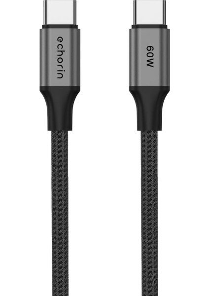 USB C&apos;den USB C&apos;ye 60W, 2.4A, 1m, Pd 2.0, Çift Kat Örgülü Hızlı Şarj ve Data Kablosu (Gri, 1 Metre)