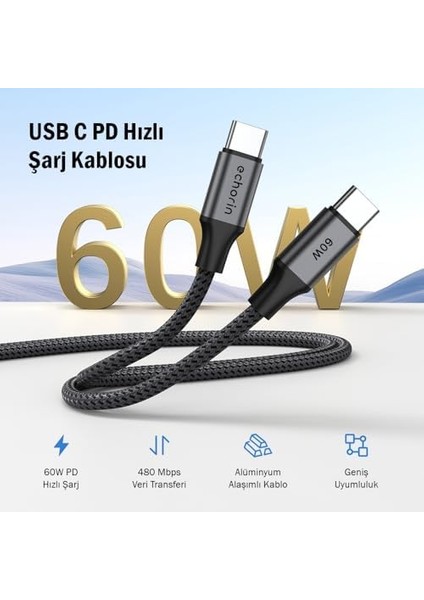 USB C&apos;den USB C&apos;ye 60W, 2.4A, 1m, Pd 2.0, Çift Kat Örgülü Hızlı Şarj ve Data Kablosu (Gri, 1 Metre) modelleri