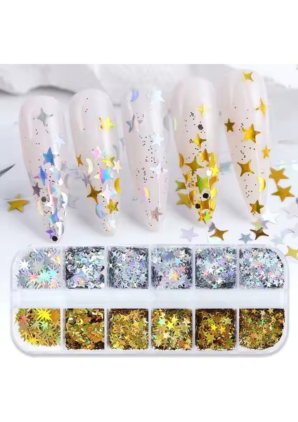 Holografik Gold Gümüş Ay ve Yıldızlar Tırnak Süsleme Folyo Pulları Mix Nail Art