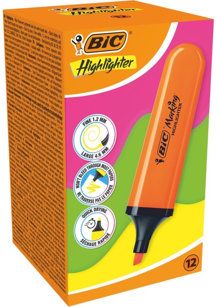 Marking Flat Higlighter Fosforlu Kalem 12&apos;li Kutu, Turuncu Fosforlu Kalem, Su Bazlı, Hızlı Kuruyan Mürekkep