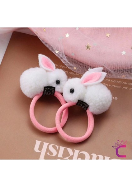 2'li Beyaz Tavşanlı Kız Çocuk Lastik Toka Seti - Hediyelik Doğum Günü Hediyesi Lastikli Saç Tokası