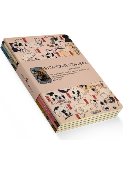 Animals Series - A5, Kuniyoshi Utagawa 4&apos;lü Defter Seti Ii, Çizgisiz, Toplam 256 Sayfa, Her Biri 64 Sayfa, Tel Dikiş, Esnek Kapak, Oval Kenar, Tuval Doku, 60 Gram, Sarı Krem Renk
