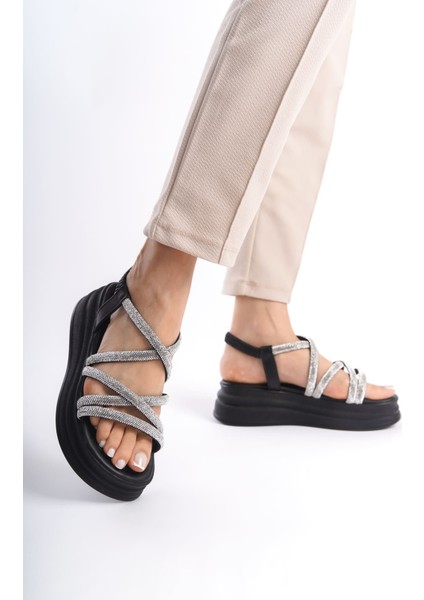 Nına Lastikli Taşlı Şeritli Ortopedik Taban Kadın Sandalet St Siyah fırsatları