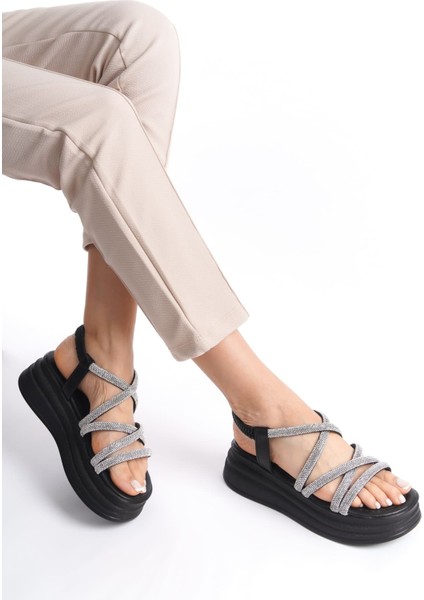 Nına Lastikli Taşlı Şeritli Ortopedik Taban Kadın Sandalet St Siyah indirimleri
