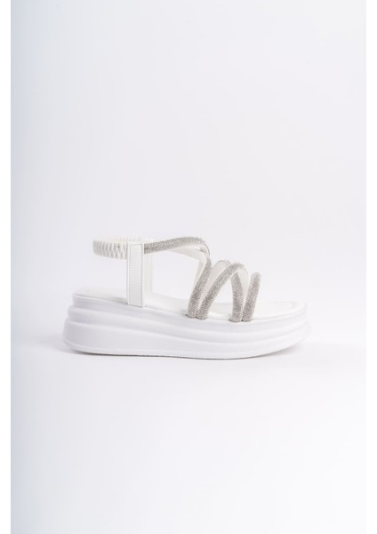 Nına Lastikli Taşlı Şeritli Ortopedik Taban Kadın Sandalet Bt Beyaz modelleri