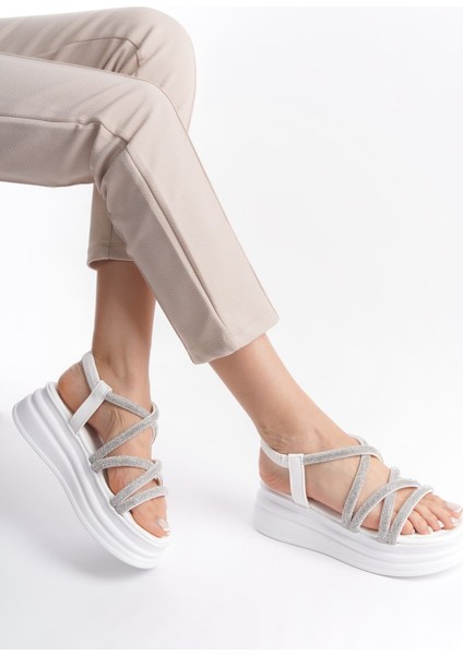 Nına Lastikli Taşlı Şeritli Ortopedik Taban Kadın Sandalet Bt Beyaz indirimleri