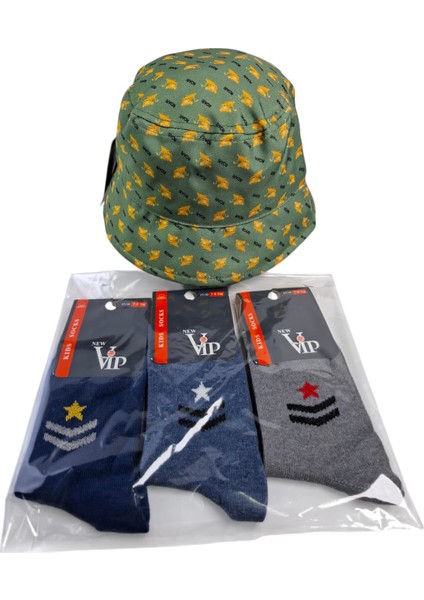 4-8 Yaş Erkek Çocuk Yazlık Fötr Şapka Vip 7-8 Yaş 3 Renk Çorap 4 Lü Set