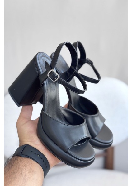 Kadın Andre Platformlu Topuklu Ayakkabı - Siyah-Deri