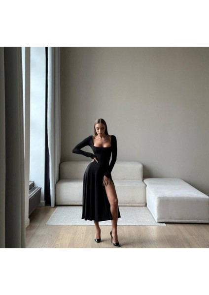 Kadın Kare Yaka Derin Göğüs ve Bacak Dekolteli Midi Boy Elbise fiyatları