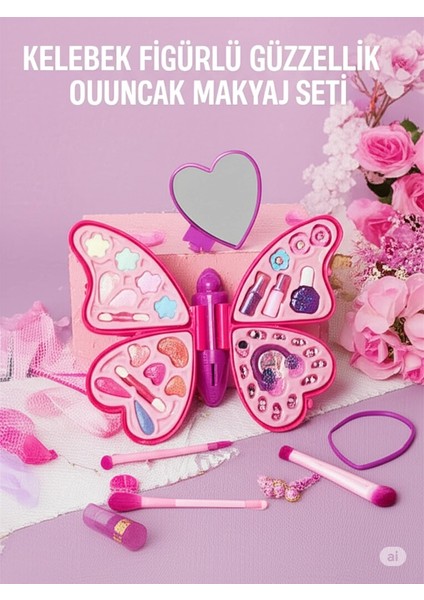 Kelebek Figürlü Güzellik Kız Çocuk Oyuncak Makyaj Oyun Seti 4 Katmanlı Makyaj Güzellik Seti