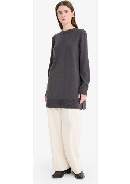 Regular Fit Bisiklet Yaka Yırtmaçlı Basic Düz Uzun Kollu Tunik H3431AZ25WN fiyatları