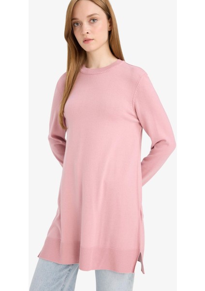 Regular Fit Bisiklet Yaka Yırtmaçlı Basic Düz Triko Kazak Tunik H3431AZ25WN