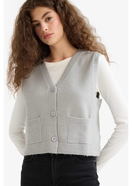Regular Fit V Yaka Cepli Düğmeli Triko Yelek E4686AX25WN