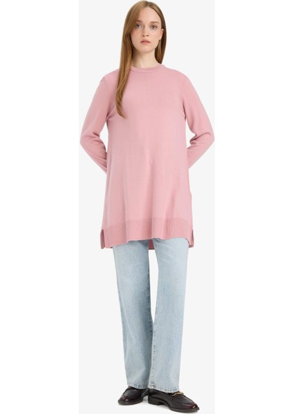 Regular Fit Bisiklet Yaka Yırtmaçlı Basic Düz Triko Kazak Tunik fiyatları