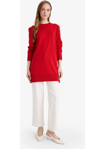 Regular Fit Bisiklet Yaka Yırtmaçlı Basic Düz Triko Kazak Tunik fiyatları