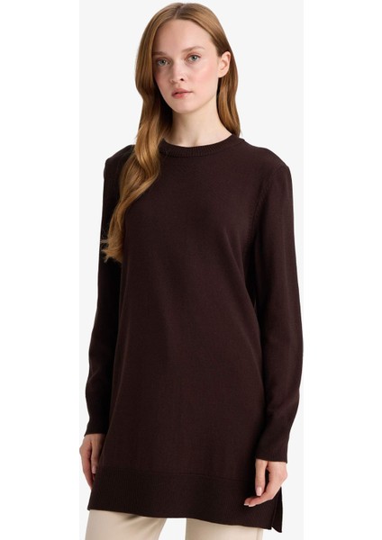 Regular Fit Bisiklet Yaka Yırtmaçlı Basic Düz Triko Kazak Tunik H3431AZ25WN modelleri