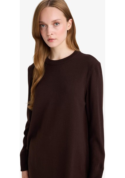 Regular Fit Bisiklet Yaka Yırtmaçlı Basic Düz Triko Kazak Tunik H3431AZ25WN