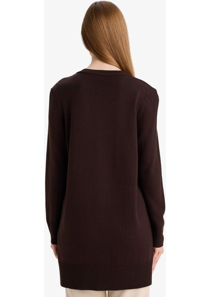 Regular Fit Bisiklet Yaka Yırtmaçlı Basic Düz Triko Kazak Tunik H3431AZ25WN