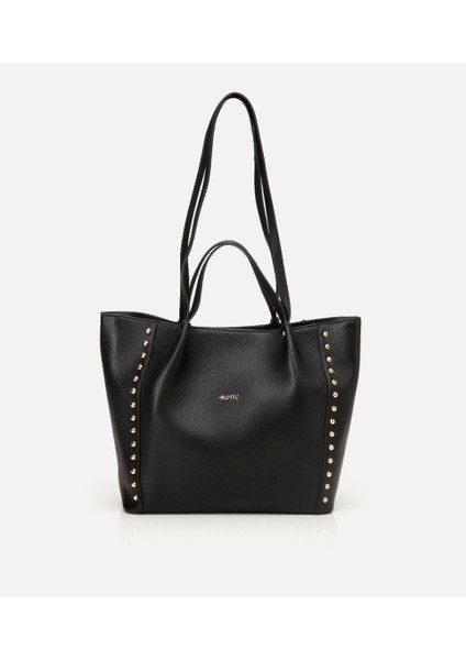 03CAH309190A100 KADIN Deri Siyah Zımba Detaylı Tote Çanta